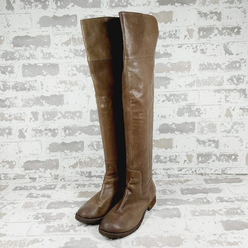 BP Brown Leather Side Zip Round Toe Low Heel Over the Knee Boots A768